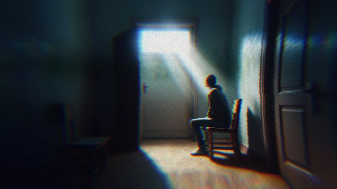 A person sitting on a chair in the dark with light coming through the window