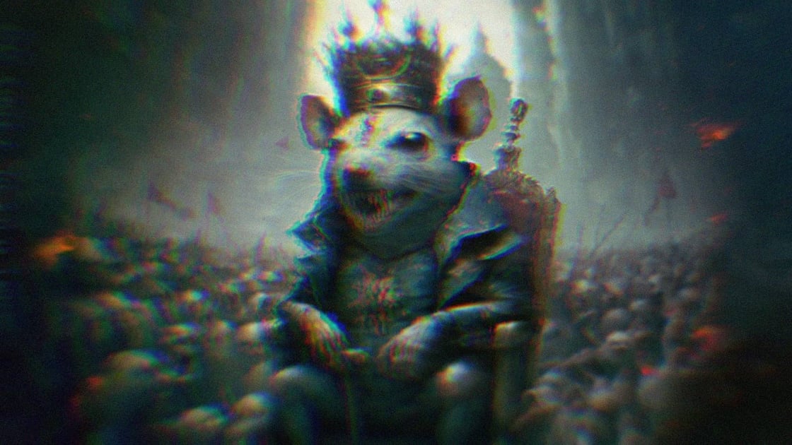 A wealthy rat king sitting on a throne, surrounded by poor, ‘lesser’ rats