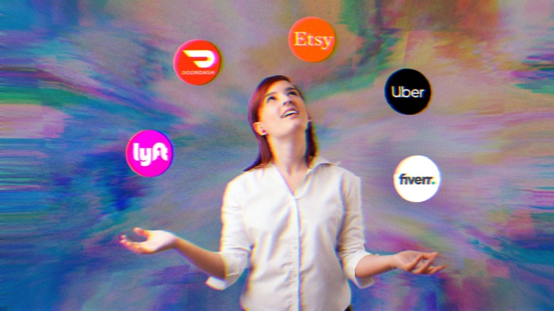 A woman juggling; the balls have logos for gig work apps on them. Lyft, DoorDash, Etsy, Uber and Fiverr