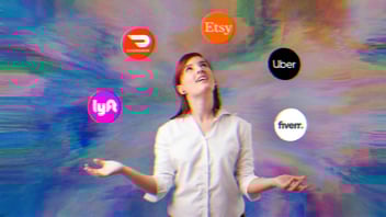 A woman juggling; the balls have logos for gig work apps on them. Lyft, DoorDash, Etsy, Uber and Fiverr.