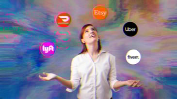 A woman juggling; the balls have logos for gig work apps on them. Lyft, DoorDash, Etsy, Uber and Fiverr.