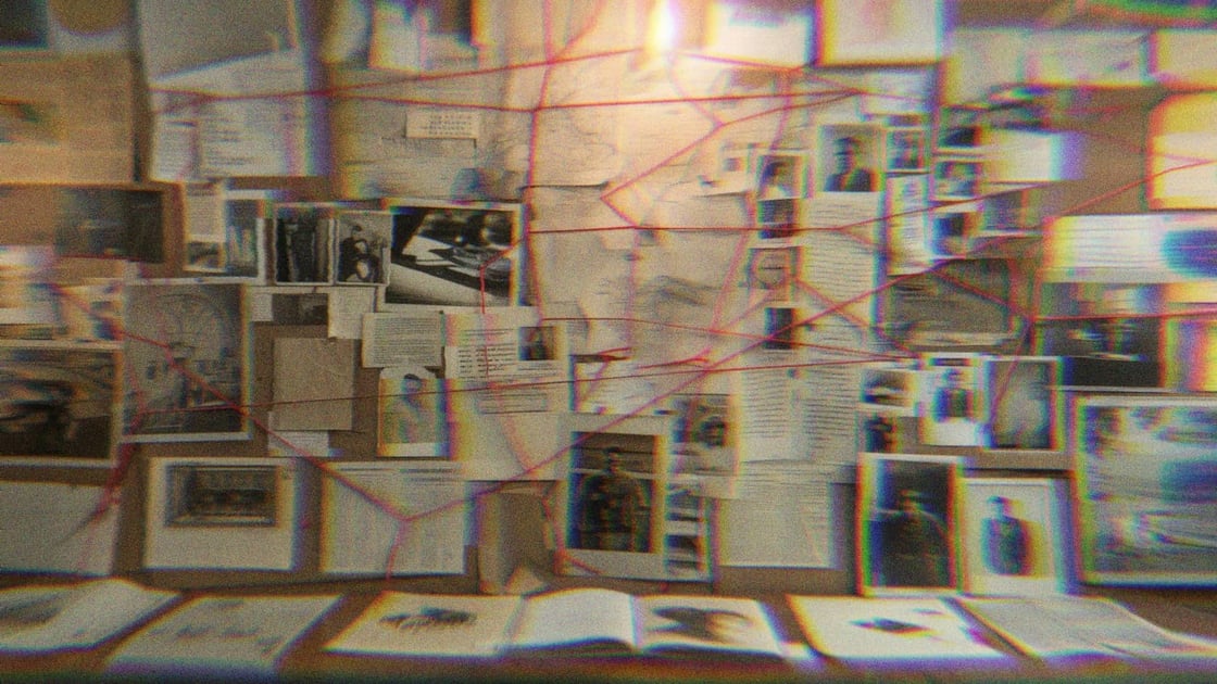 An AI generated image of a conspiratorial-type corkboard with red string connecting photos and documents