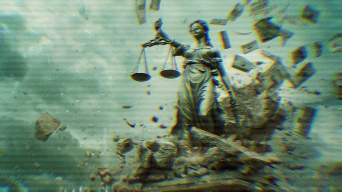 An AI-generated image of a Lady Justice statue crumbling with money flying around her