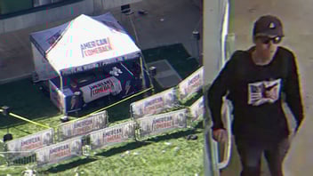 An aerial shot of Charlie Kirk's shooting scene alongside a CCTV photo of Tyler Robinson, Kirk's shooter.