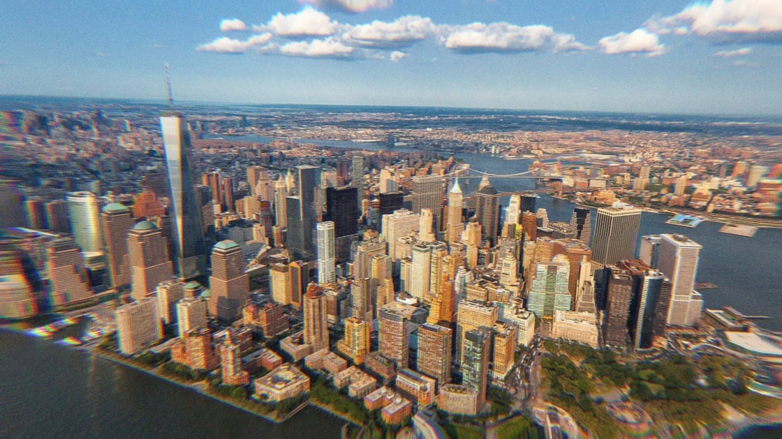 An aerial view of lower Manhattan. One World Trade is prominently featured.