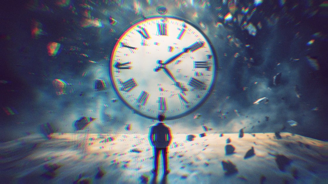 An analog clock with ticking hands and rubble all around. A person stands beneath, watching
