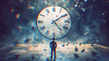 An analog clock with ticking hands and rubble all around. A person stands beneath, watching.