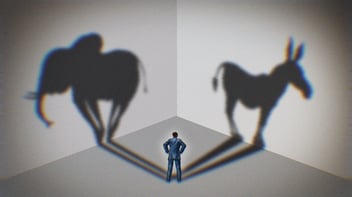 An illustration of a man with his back facing outward. He is staring at the wall, and two shadows come from him; an elephant and a donkey. Republican vs. Democrat concept.