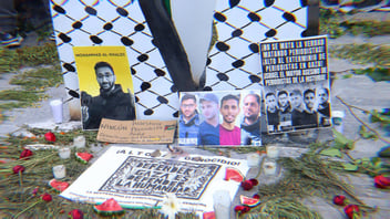 A memorial in Mexico City in memory of journalists Anas al Sharif and Mohammed Qreiqeh Ibrahim Zaher, Mohammed Noufal and Moamen Aliwa, killed by the Israeli Army.