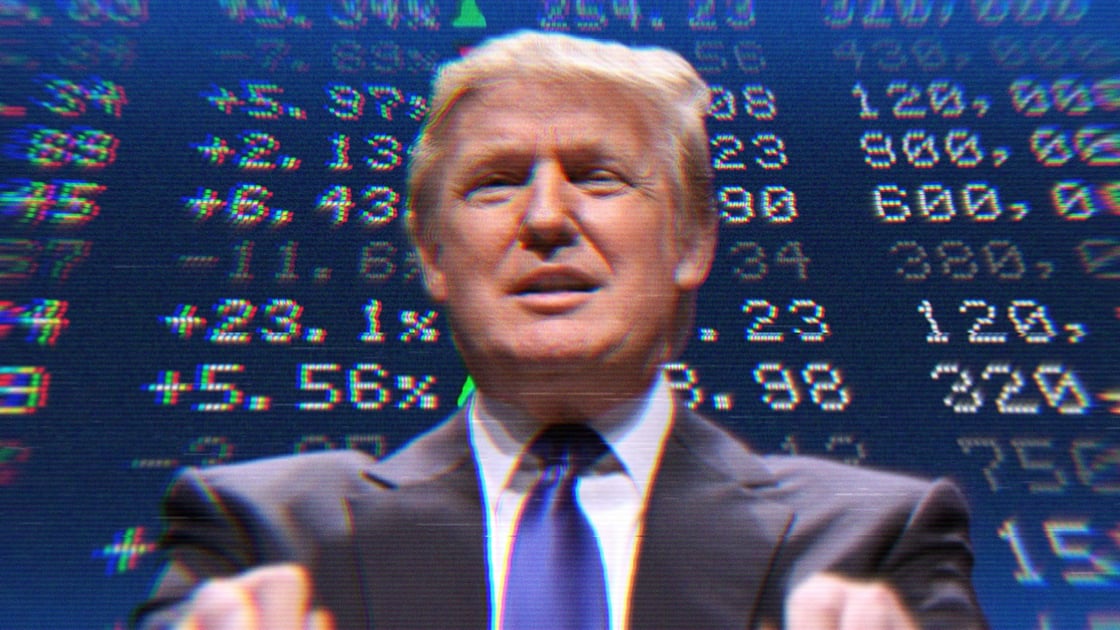 Donald Trump in front of a stock ticker
