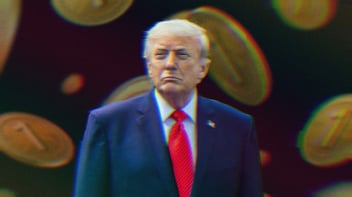 Donald Trump in front of renderings of the USD1 Stablecoin.