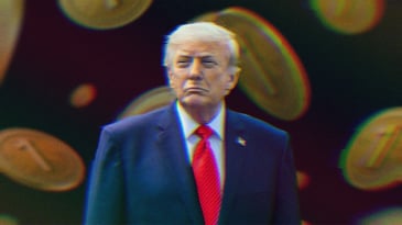 Donald Trump in front of renderings of the USD1 Stablecoin.