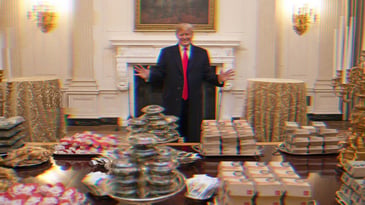 Donald Trump in the State Dining Room in front of piles of food from Domino’s, McDonald’s, Wendy’s and Burger King.