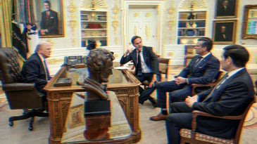 Donald Trump meeting with Mark Rutte, Marco Rubio, and Pete Hegseth in the Oval Office.