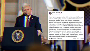 Donald Trump standing at the presidential podium. Alongside the photo is a screenshot of his TruthSocial post from 12/15/25 that reads, 