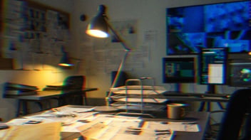 An FBI-type room with surveillance footage and documents on the table.