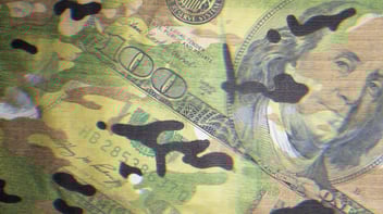Hundred dollar bills layered with camo print.