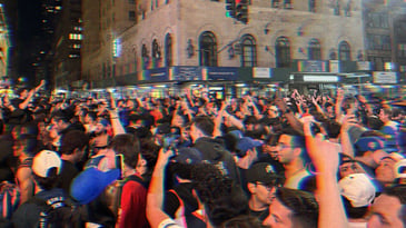 Knicks fans flood 7th Avenue in Manhattan after the team’s victory in game one of the NBA Finals against the Spurs.