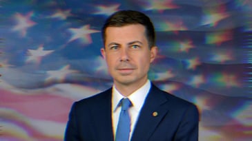Pete Buttigieg in front of the American flag.