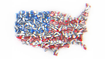 Pills in the shape of the United States, colored like the American Flag.