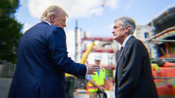 Donald Trump speaks to Fed Chair Jerome Powell during a tour of the Federal Reserve.