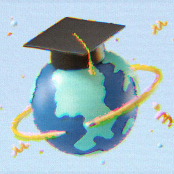 Rendering of the Earth wearing a graduation cap. A pencil bends around the earth like a ring.