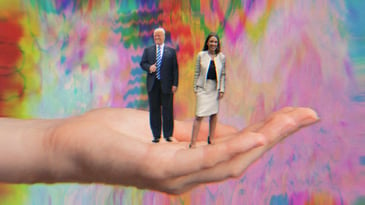 Someone holding small versions of Donald Trump and AOC in their hand.