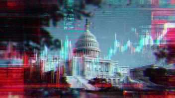 The U.S. Capitol Building overlayed with glitchy stock market-like symbols.