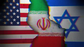 The U.S. flag on the left and the Israeli flag on the right. They are fractured in the middle revealing the Iranian flag.