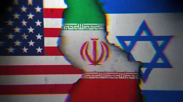 The U.S. flag on the left and the Israeli flag on the right. They are fractured in the middle revealing the Iranian flag.