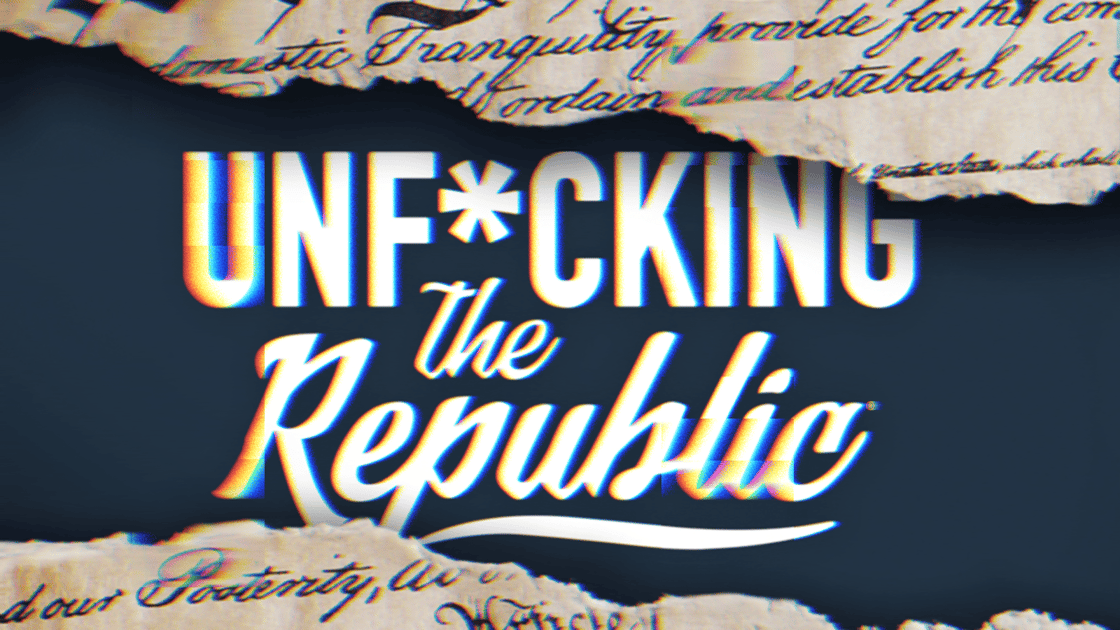 The US Constitution ripped in the middle revealing white text on a blue background that says, ‘Unf*cking the Republic.’ Letters have a glitchy rainbow effect on them-1