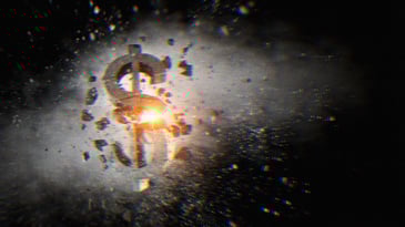 The dollar sign exploding and expelling little pieces.