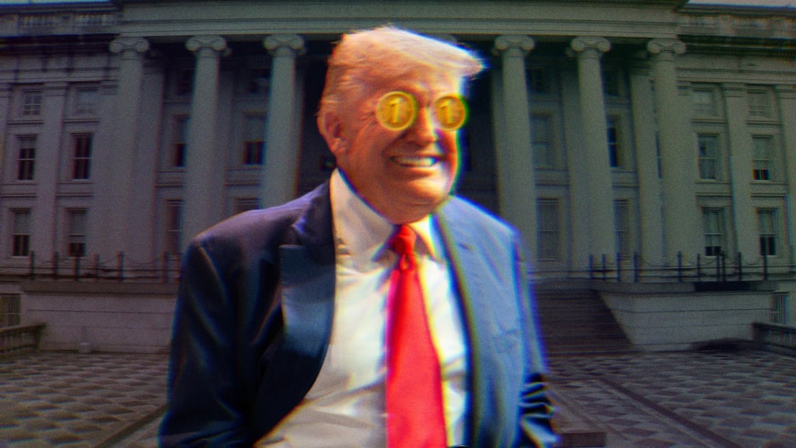 Trump smiling maniacally with USD1 coins over his eyes. The Treasury Department building is visible in the background