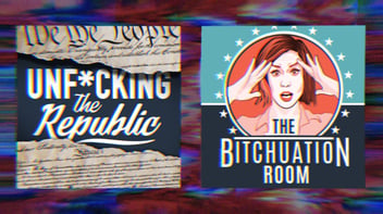 Unf*cking The Republic Logo and The Bitchuation Room Podcast logo on a rainbow background.