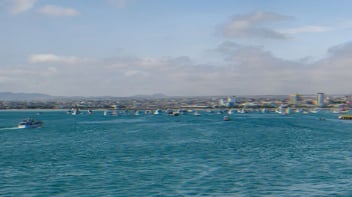 Wide view of the city of Mantua, Ecuador taken from the sea.