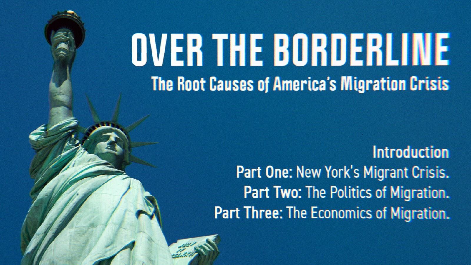 An image of the Statue of Liberty viewed from below with text overlay reading 