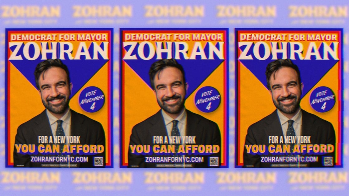 Campaign poster for Zohran Mamdani, Democratic candidate for New York City Mayor. The poster features an image of Mamdani, smiling. The text reads ‘Democrat For Mayor’ at the top, ‘Zohran’ in large letters, a blue circular badge saying ‘Vote November 4’ and the slogan ‘For a New York You Can Afford,’ at the bottom. The campaign website ‘ZohranForNYC.com’ and a QR code are displayed at the bottom of the poster.