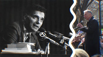 2 Images of Ralph Nader speaking into a microphone at an event.