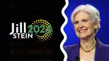 A photo of Jill Stein smiling alongside her 2024 Presidential campaign logo.