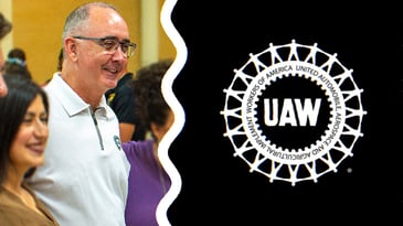 A photo of Shawn Fain alongside the United Auto Workers logo.