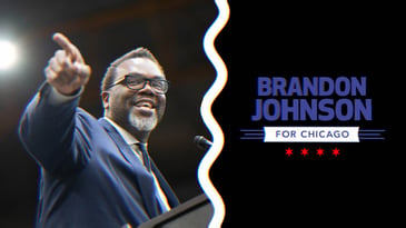 An image of Brandon Johnson smiling and pointing at a podium, alongside his campaign logo that says Brandon Johnson For Chicago.