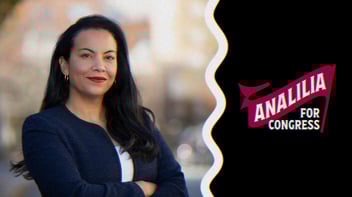 Analilia's campaign headshot next to her campaign logo that reads Analilia for Congress.