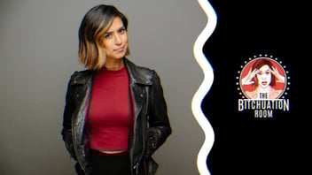 Francesca subtly smiling in a photo alongside the logo for The Bitchuation Room podcast.
