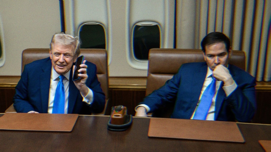 Marco Rubio and Donald Trump aboard Air Force One. Trump smiles dumbly while holding an iPhone and Rubio is sitting pensively, looking miserable