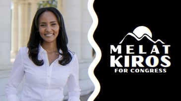 Melat Kiros, smiling, alongside her campaign logo which features a sun rising over mountains and text that reads ‘Melat Kiros For Congress.’