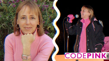 Two photos of Medea Benjamin; One of her in front of a flowering hedge, another of her speaking at an event.