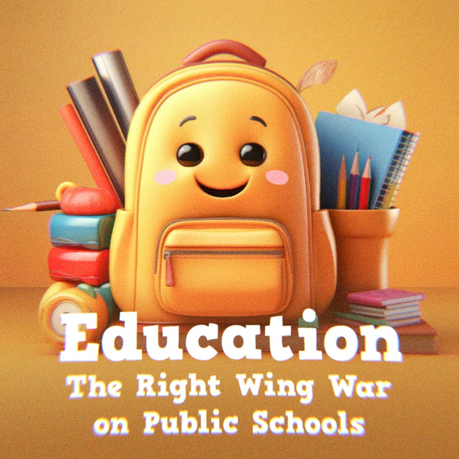 A backpack and school supplies alongside text that says Education- The Right Wings War on Public Schools