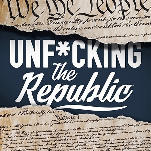 Image of the US Constitution ripped in the middle revealing white text on a blue background that says, ‘Unf*cking the Republic.