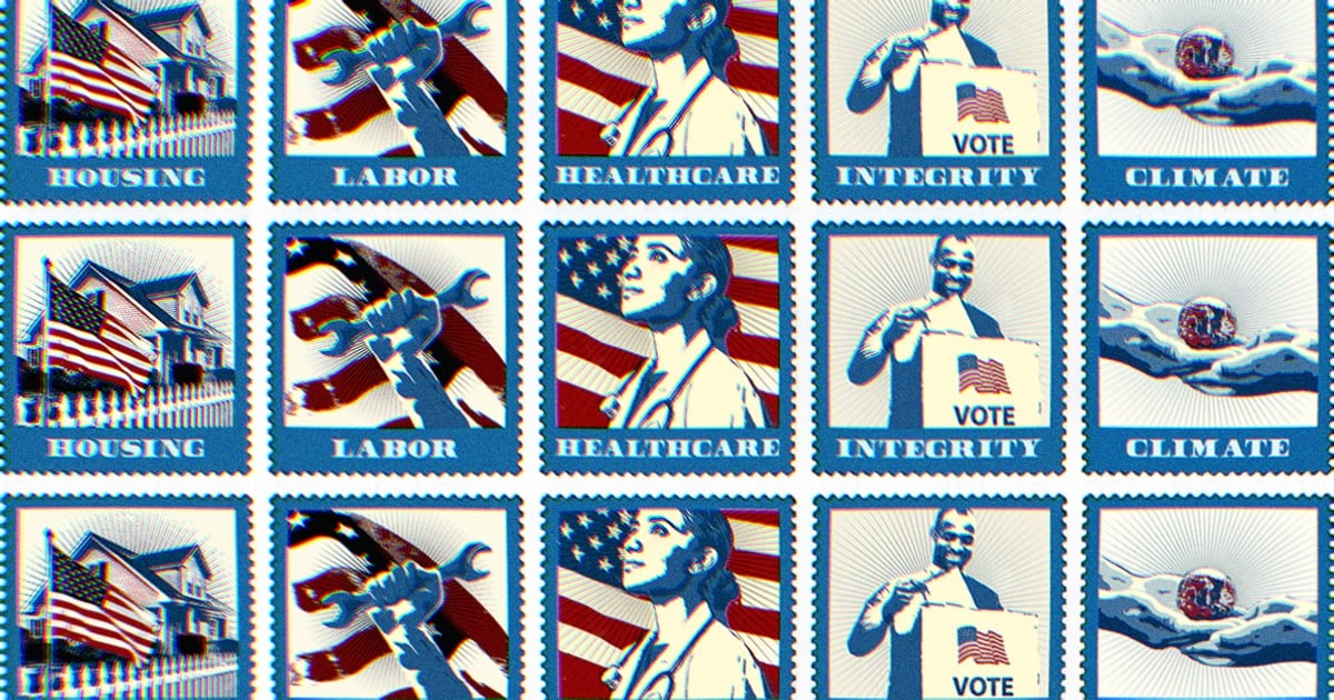 A repeating pattern of patriotic-themed postage stamps featuring five political themes—housing, labor, healthcare, integrity, and climate—rendered in red, white, and blue with a vintage propaganda poster aesthetic.