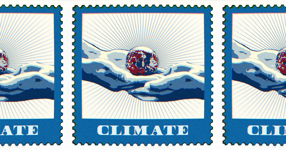 Vintage postage stamp illustration of two people holding the earth in their hands with text that reads Climate.